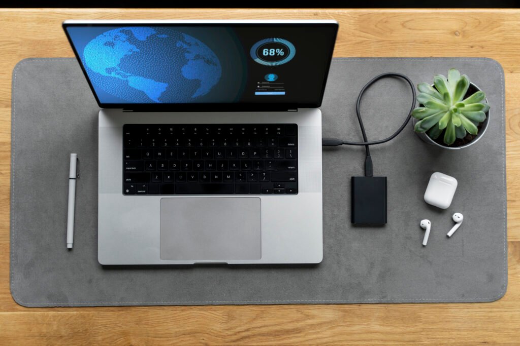 Desk Arrangement With Ssd Laptop Flat Lay 4 1024x683