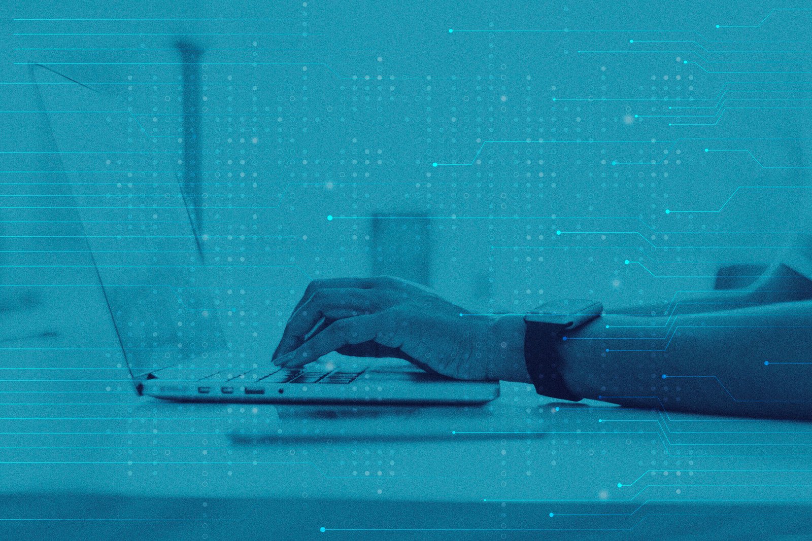 data technology blue background with hacker remixed media